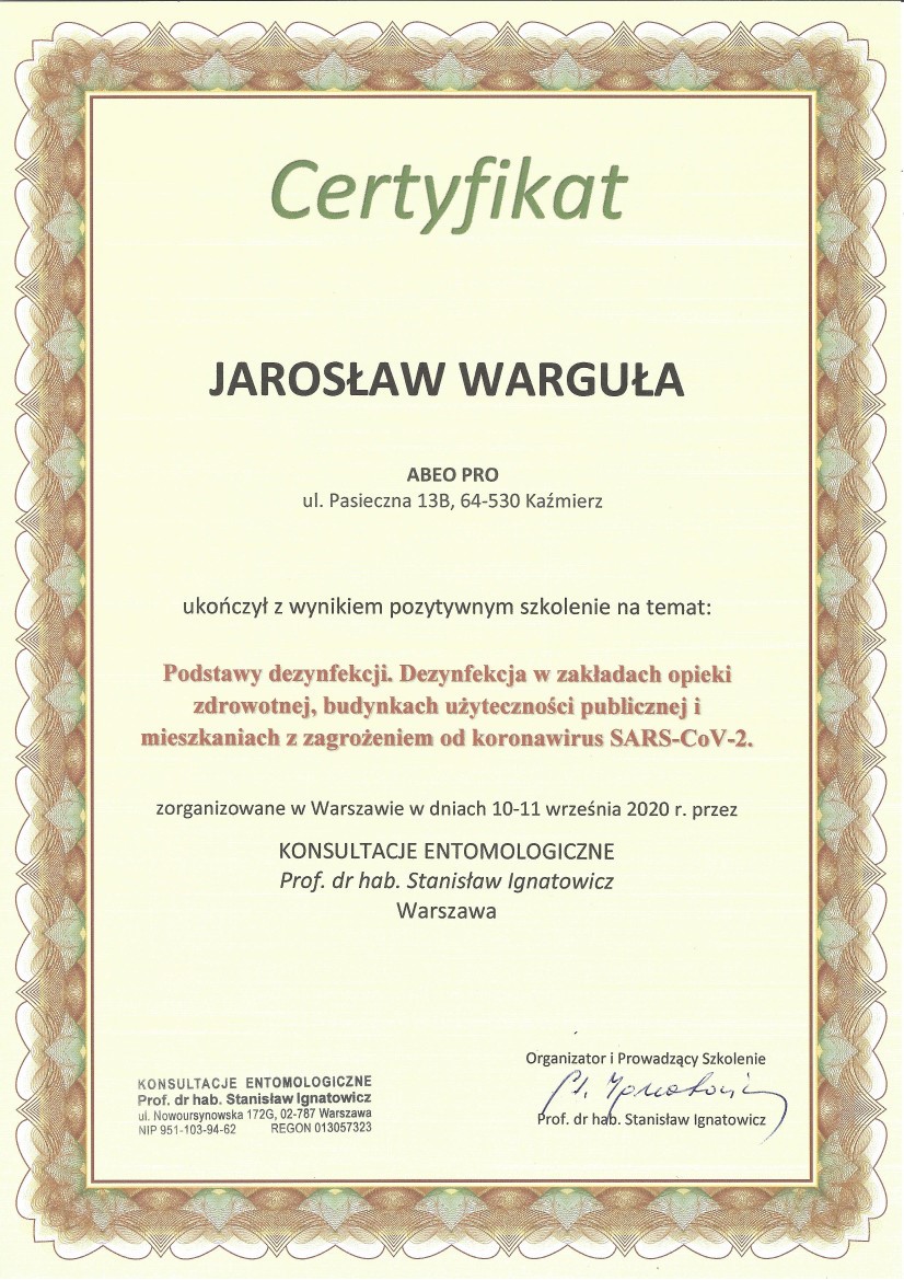 Certyfikat Podstawy dezynfekcji