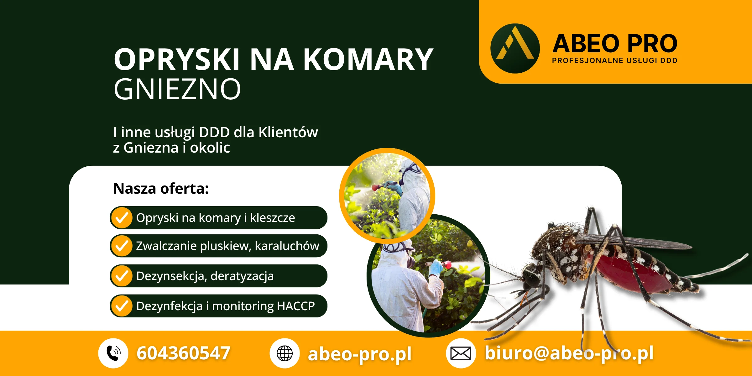 Obraz przedstawia ofertę ABEO PRO w zakresie usługi odkomarzania w Gnieźnie – oprysków na komary w Gnieźnie