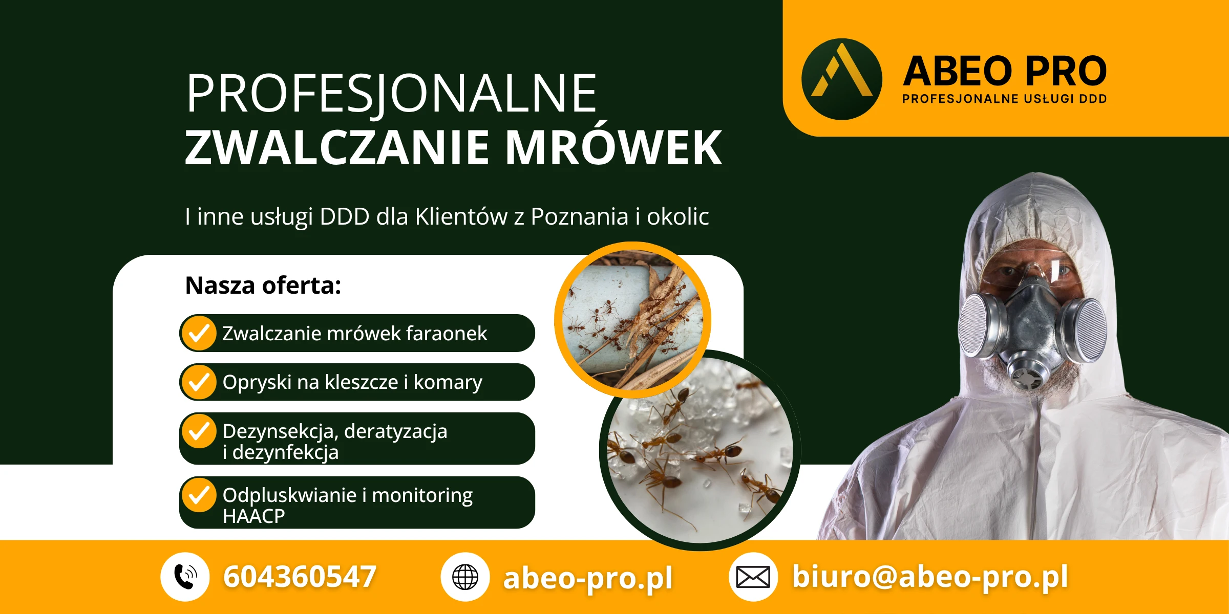 Obraz przedstawia ofertę ABEO PRO w zakresie usługi zwalczania mrówek w Poznaniu, w tym także zwalczania mrówek faraona w Poznaniu