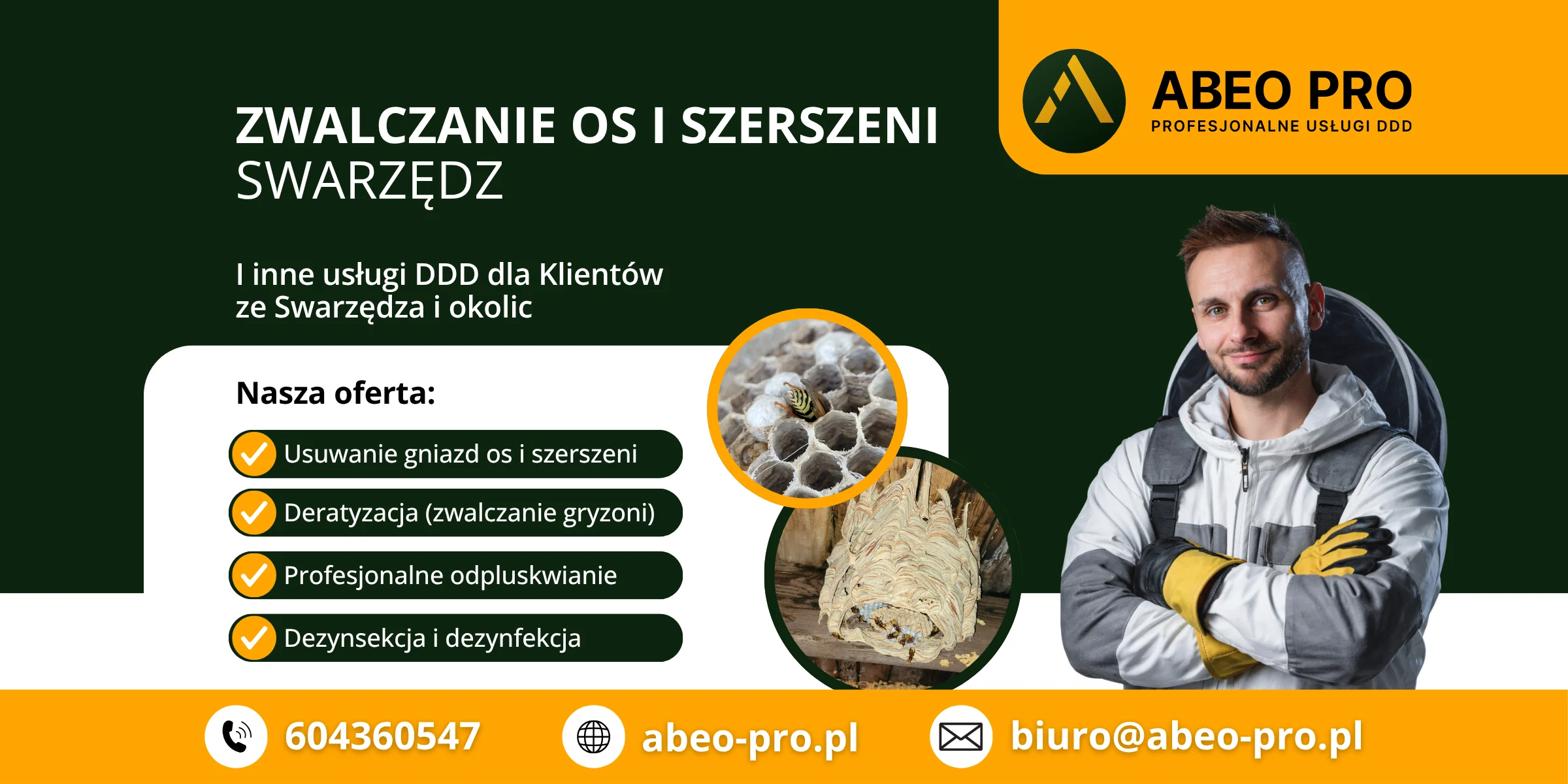 Obraz przedstawia ofertę ABEO PRO w zakresie zwalczania os i szerszeni w Swarzędzu w województwie wielkopolskim