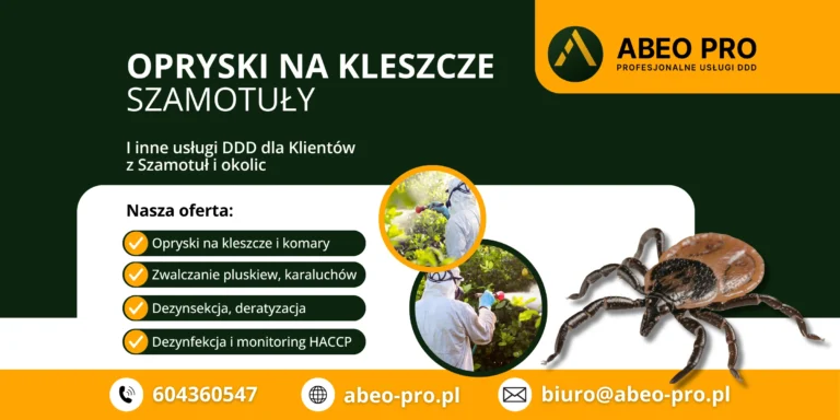 Obraz przedstawia ofertę profesjonalnych oprysków na kleszcze w Szamotułach, w województwie wielkopolskim, realizowanych przez firmę ABEO PRO