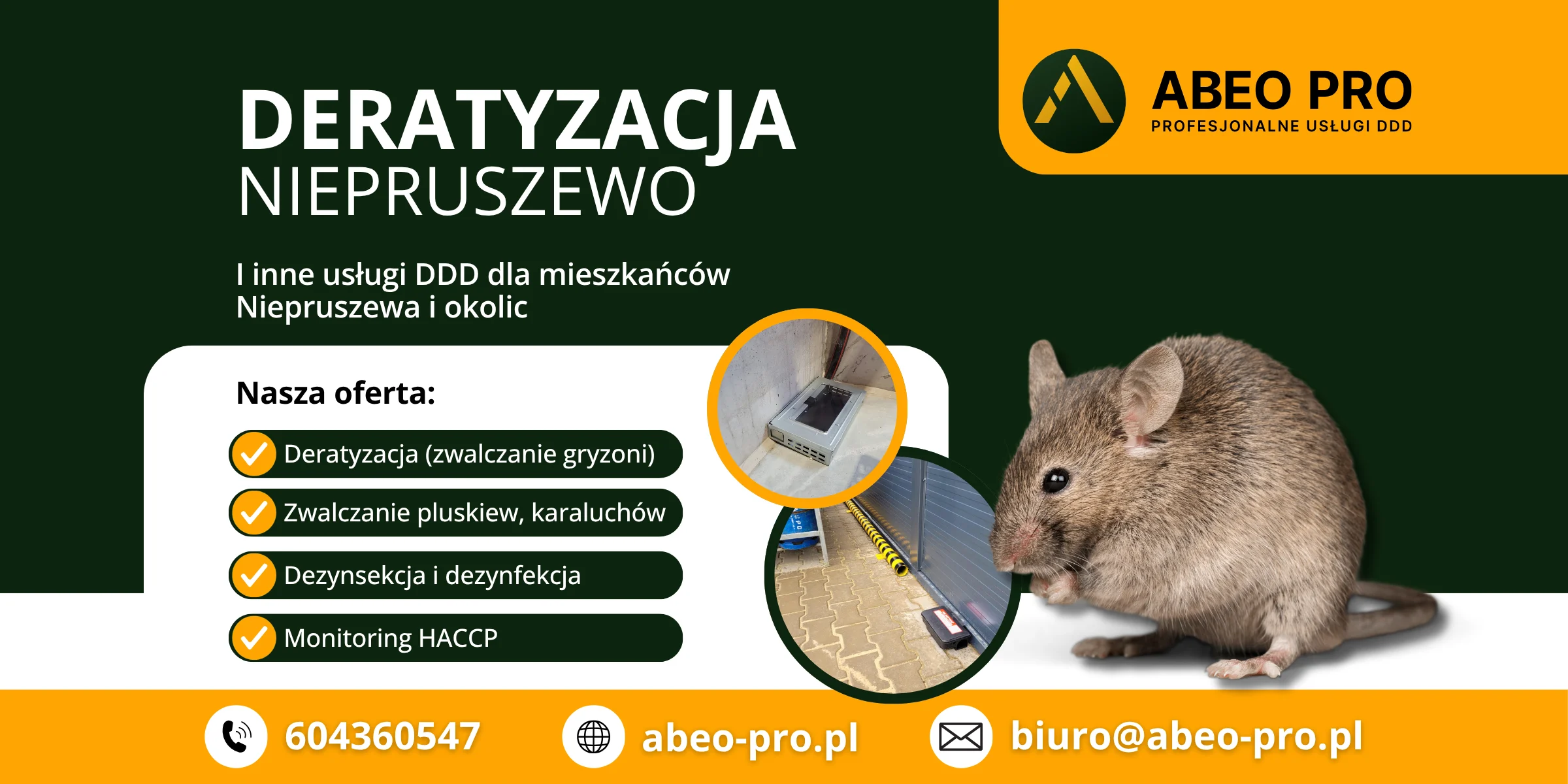 Deratyzacja Niepruszewo i okolice – ABEO PRO Obraz przedstawia ofertę ABEO PRO w zakresie deratyzacji w miejscowości Niepruszewo w powiecie poznańskim