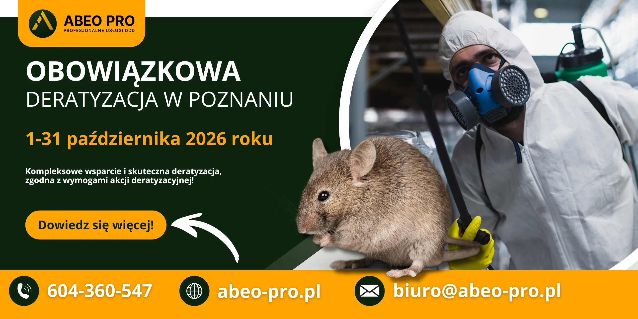 Obraz przedstawia najważniejsze informacje o jesiennej edycji akcji deratyzacyjnej w Poznaniu, która ma miejsce 1 do 31 października 2026 roku