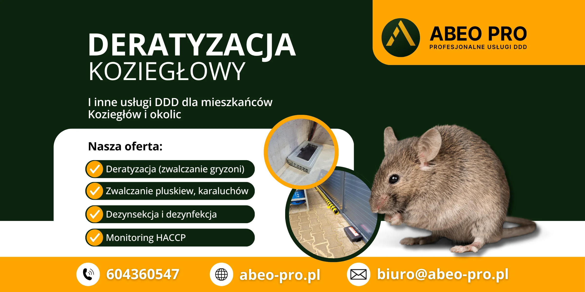 Obraz prezentuje ofertę usług deratyzacyjnych w miejscowości Koziegłowy w województwie wielkopolskim, świadczonych przez firmę ABEO PRO