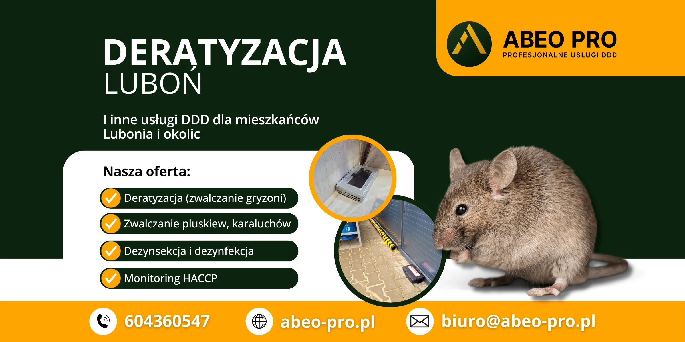 Grafika przedstawia ofertę deratyzacji w Lubionu w województwie wielkopolskim przygotowaną przez firmę ABEO PRO