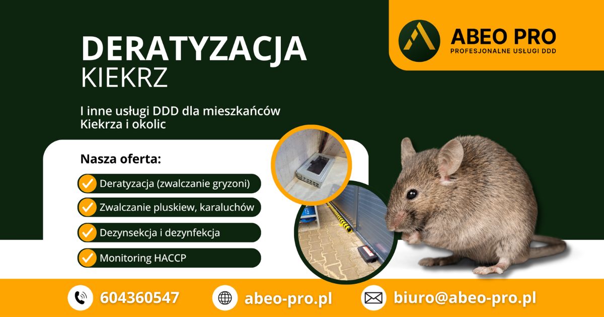 Obraz przedstawia ofertę deratyzacji w miejscowości Kiekrz koło Poznania, świadczoną przez firmę DDD ABEO PRO